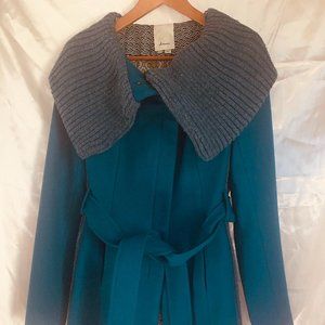 Anthropologie Elevenses Judith Blue Belted Wool Blend Coat